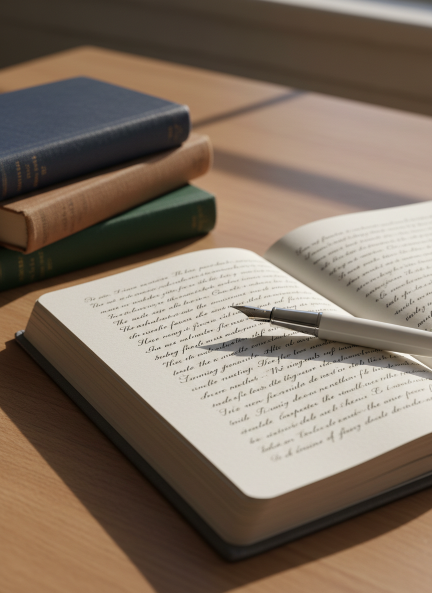 A thick, linen-bound journal in muted charcoal grey lies open on a smooth wooden desk, its creamy pages filled with elegant, handwritten reflections fading softly into the distance. Around it, a small stack of well‑worn books with textured covers in deep indigo, sepia, and forest green suggests a curated personal library. A ceramic fountain pen rests across the spine, a droplet of dark ink poised at its nib. Soft morning light filters through an unseen window, casting elongated, gentle shadows and creating a quiet glow on the paper’s surface. Photographic realism, shot at eye level with a shallow depth of field so the foreground text is sharply focused while the background books dissolve into a soft bokeh, evoking contemplation, inner silence, and the beginning of a new life chapter.
