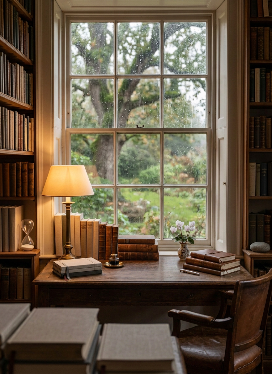 Cozy rainy day writing nook Man writing in notebook at wooden desk near rain-covered window in a library