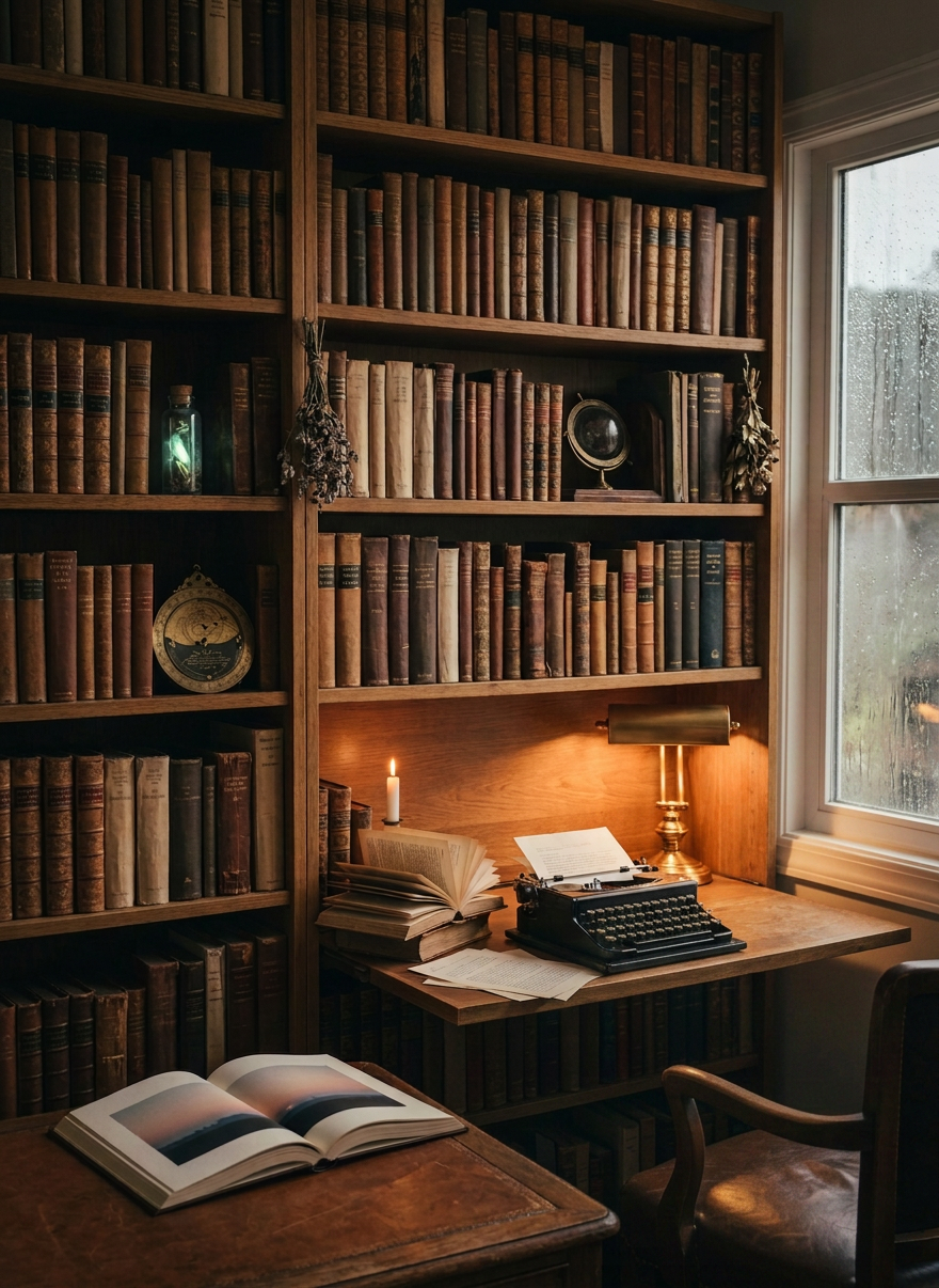 Vintage study with typewriter and books Man typing on a vintage typewriter in a library with old books and a lit candle