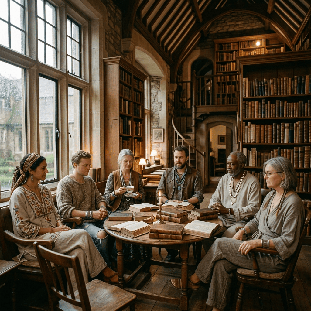 Six people reading and writing around a wooden table in a library with tall bookshelves