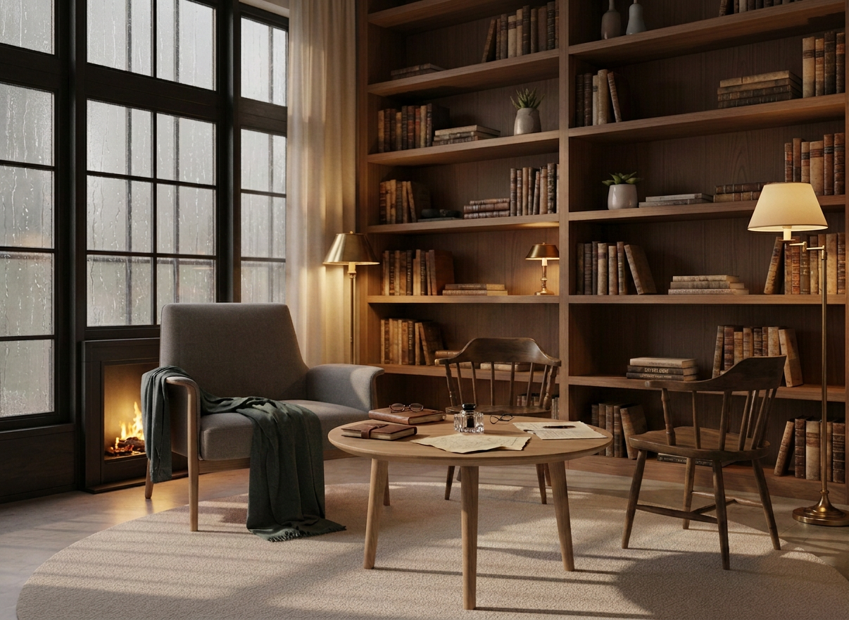 A refined reading nook occupies the corner of a contemporary room, centered around a low, round wooden table stacked with slender essay collections and reflective memoirs, their spines in muted jewel tones. At the top of the pile sits a slim tablet with a matte screen, showing a grayscale library interface filled with digital titles. Behind the table, a tall, softly textured wall is partially covered by a floor‑to‑ceiling built‑in bookcase, neatly filled but not overcrowded. Late afternoon light filters through sheer curtains, creating a calm glow and soft, elongated shadows across the floor. Photographic realism, shot at eye level with slightly wide framing to capture space and stillness, evoking a sophisticated, contemplative environment perfect for deep reading and inner exploration.