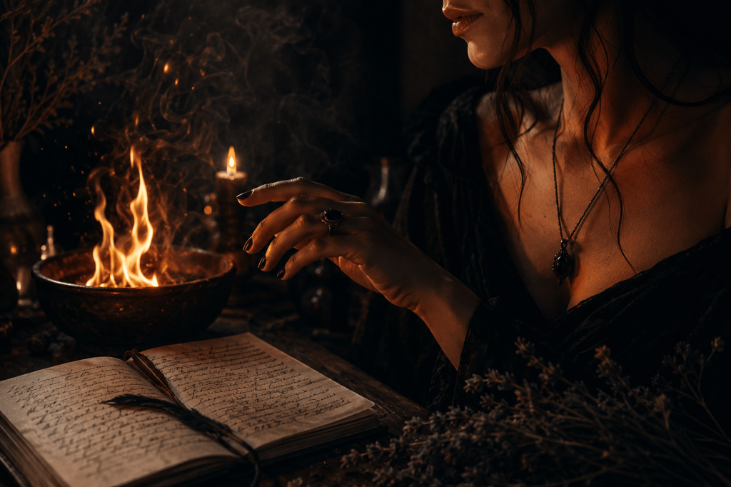 Mujer junto al fuego, rodeada de velas y elementos rituales, en una escena íntima y simbólica.