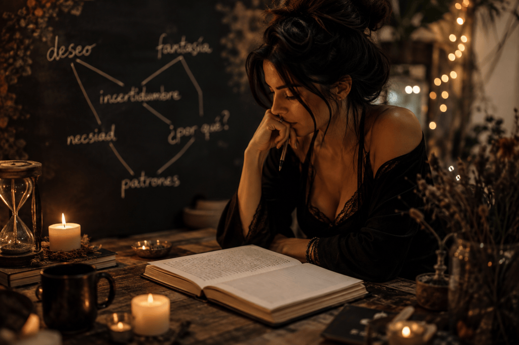 Mujer reflexionando sobre el deseo y sus patrones emocionales en un espacio íntimo