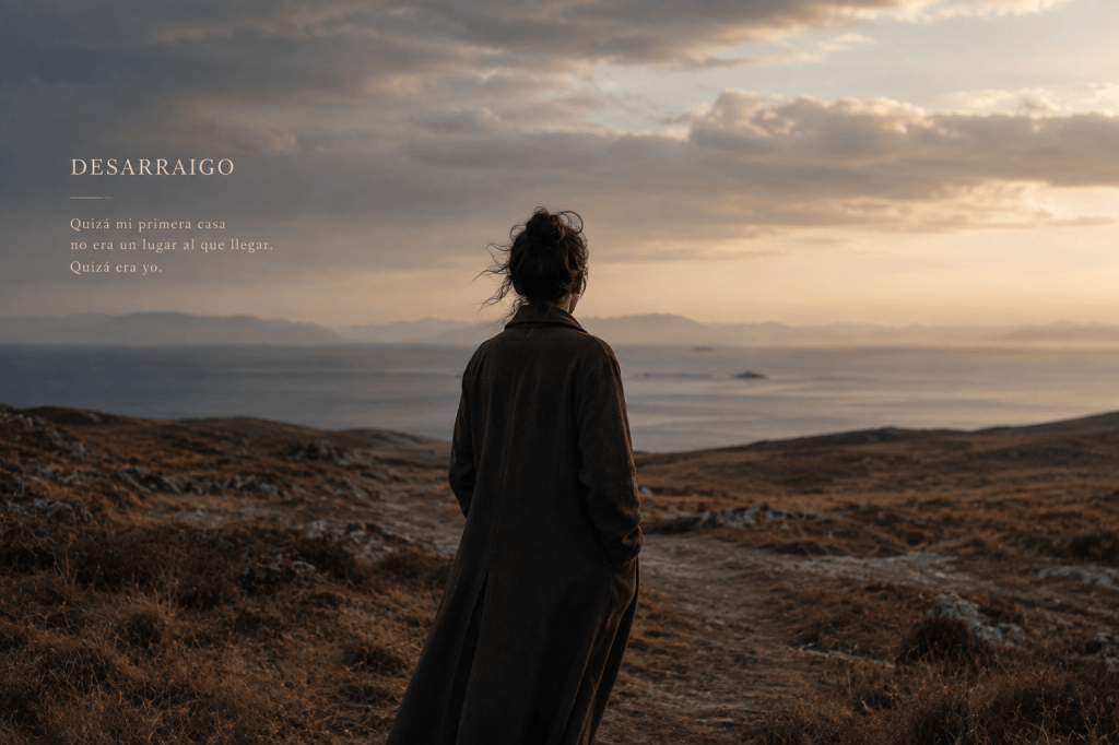 Mujer contemplando el mar desde un paisaje solitario, símbolo del desarraigo emocional y la búsqueda de identidad.
