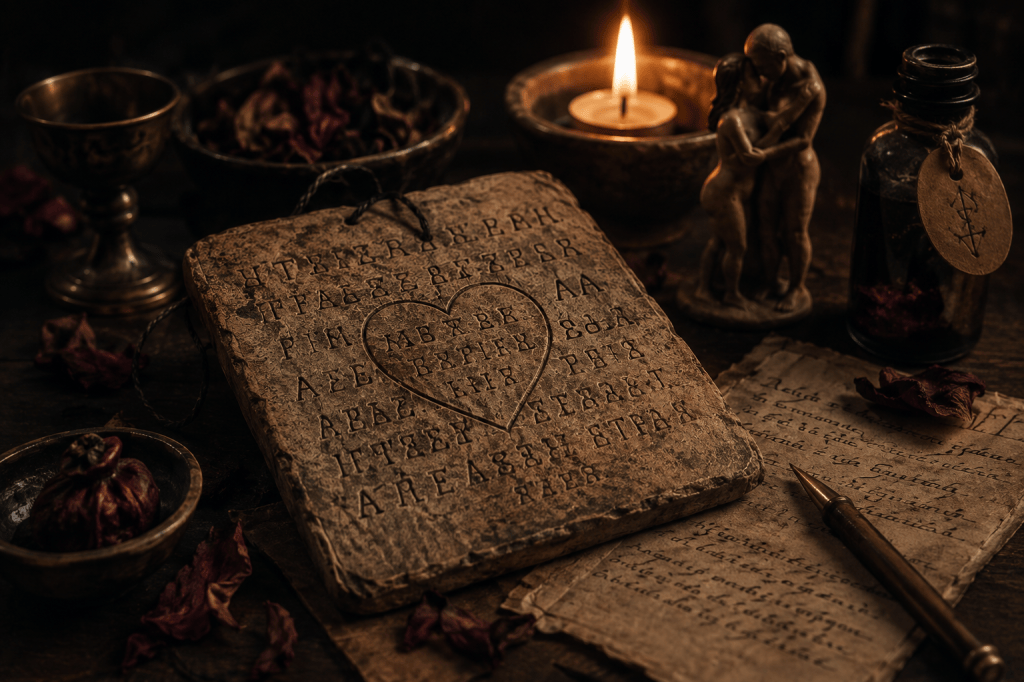 Representación simbólica del deseo con una tablilla antigua, Símbolos rituales y elementos relacionados con la magia sexual.