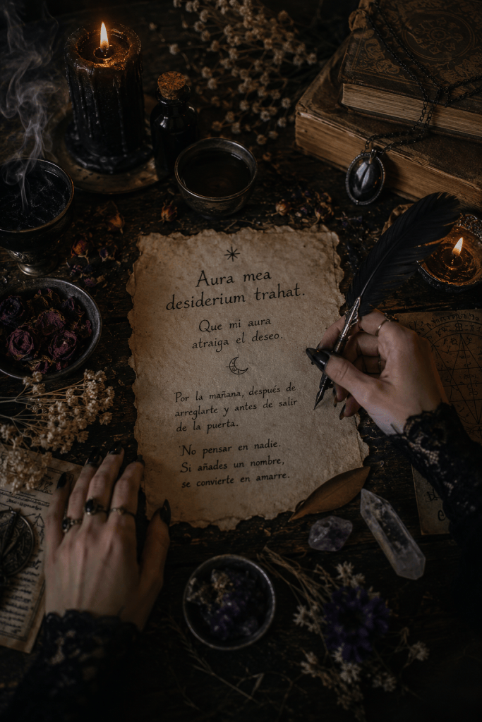 Ritual de magia del deseo con una fórmula escrita en pergamino, velas, hierbas y objetos de brujería.